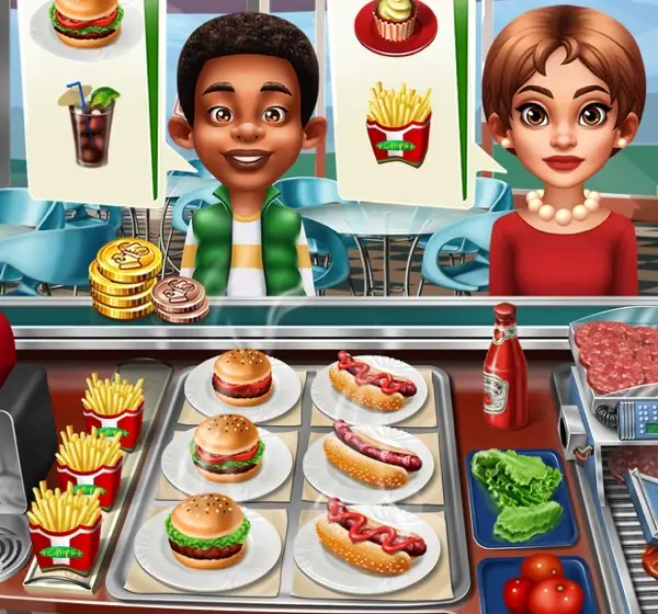 Schermata di gioco di Cooking Fever con una cucina colorata