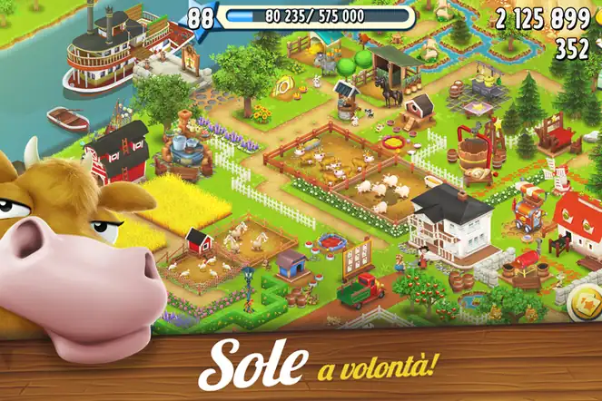 Schermata di gioco di Hay Day con campi coltivati e fattoria